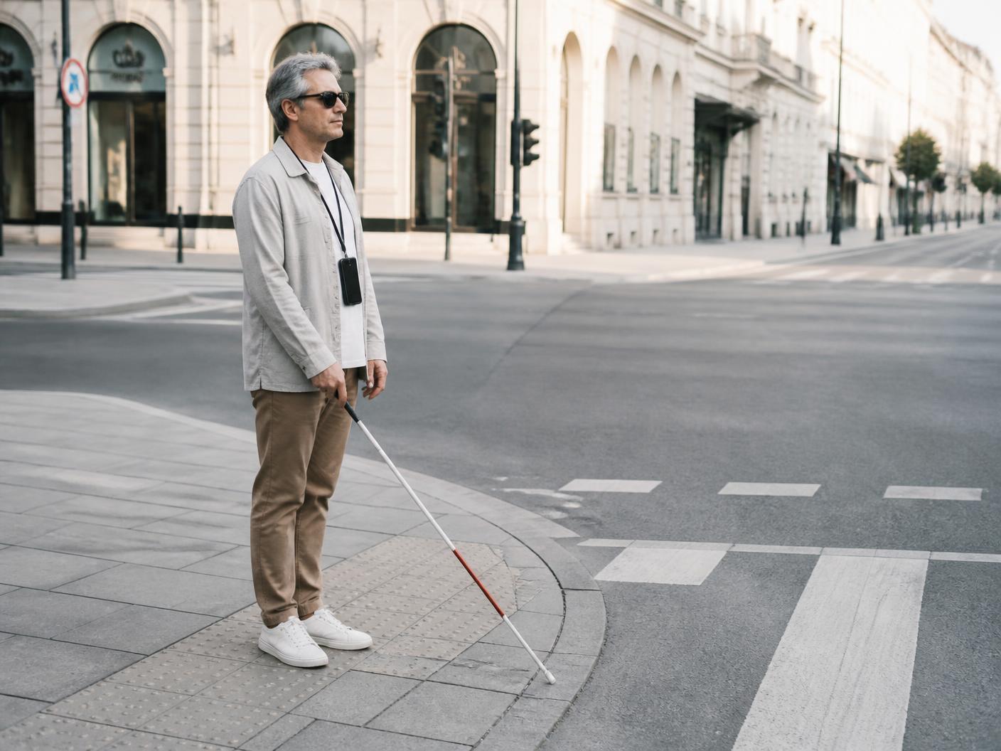 Hombre ciego esperando en un paso de peatones con el móvil al pecho.