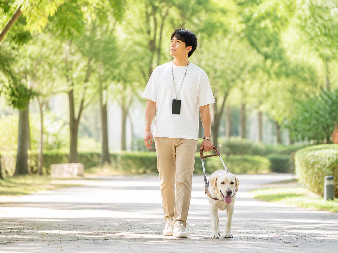 Persona con perro guía paseando por un parque con el móvil al pecho.